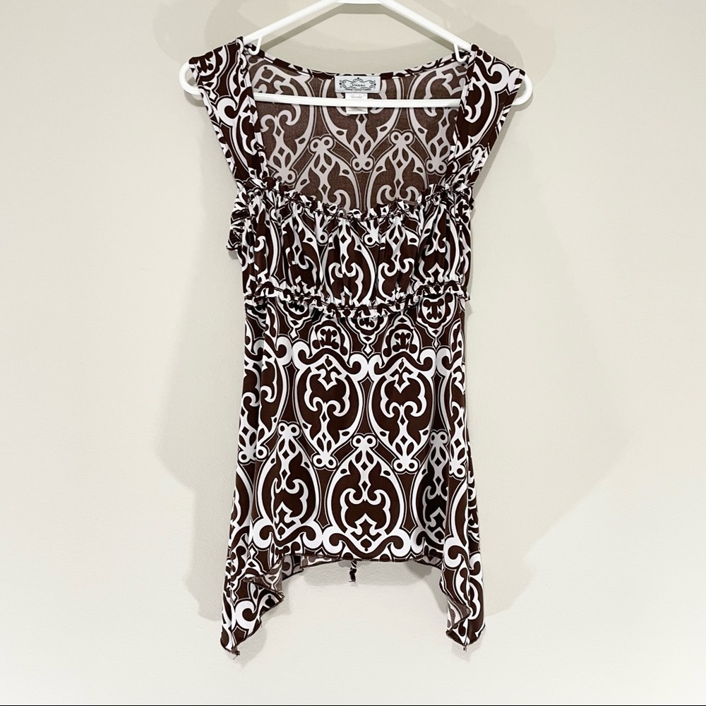 Trixxi Brown and White Printed Y2K Tie Back Top Size L